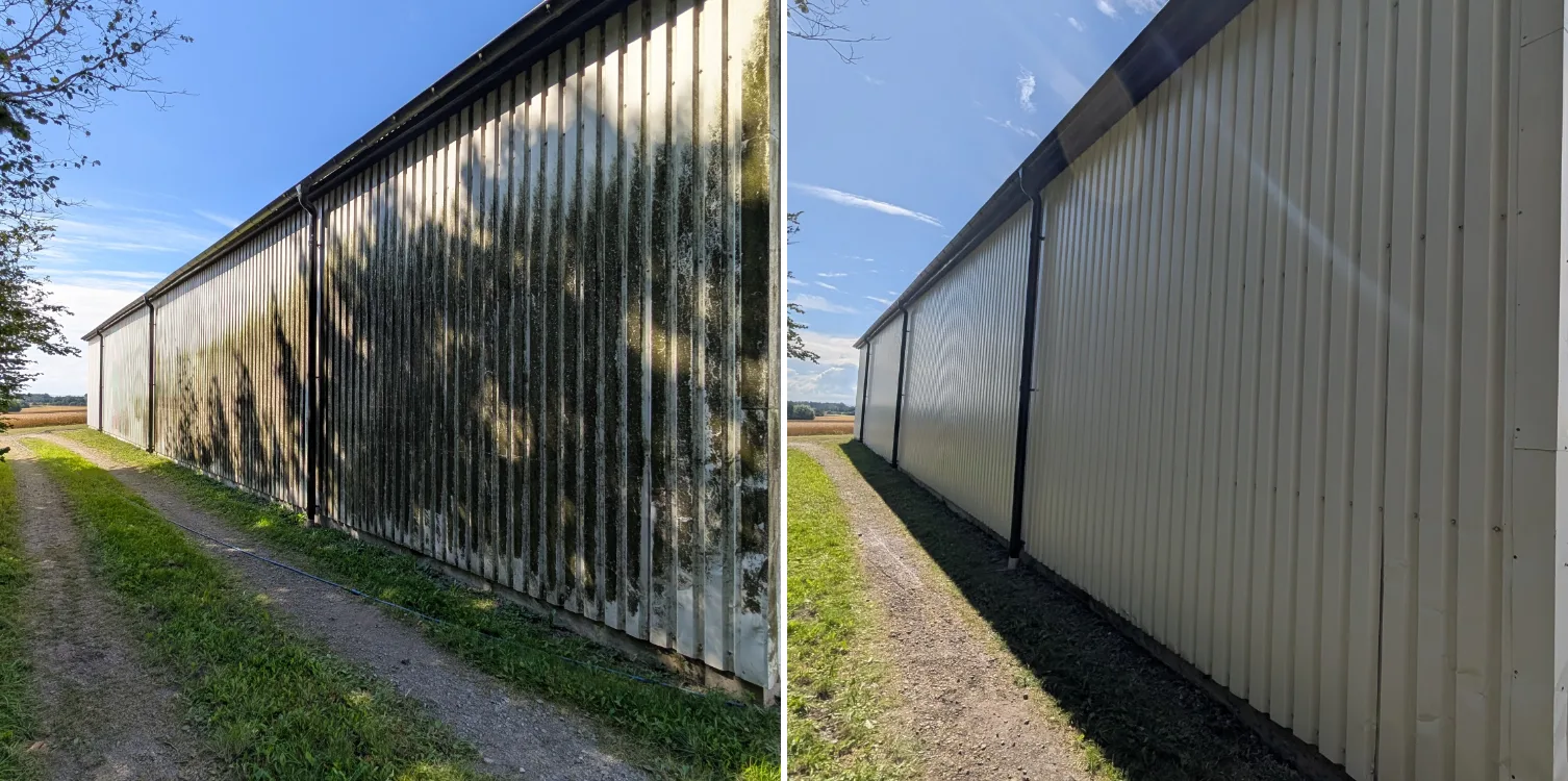 Fasad före och efter fasadtvätt av UNIWASH