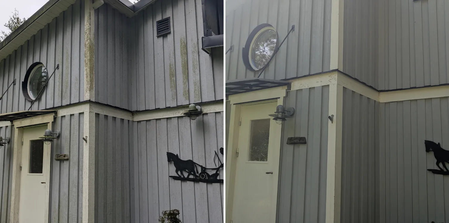 Fasad före och efter fasadtvätt av UNIWASH