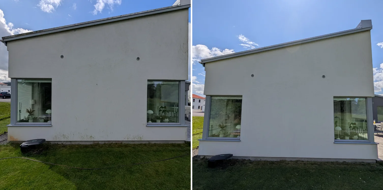 Fasad före och efter fasadtvätt av UNIWASH