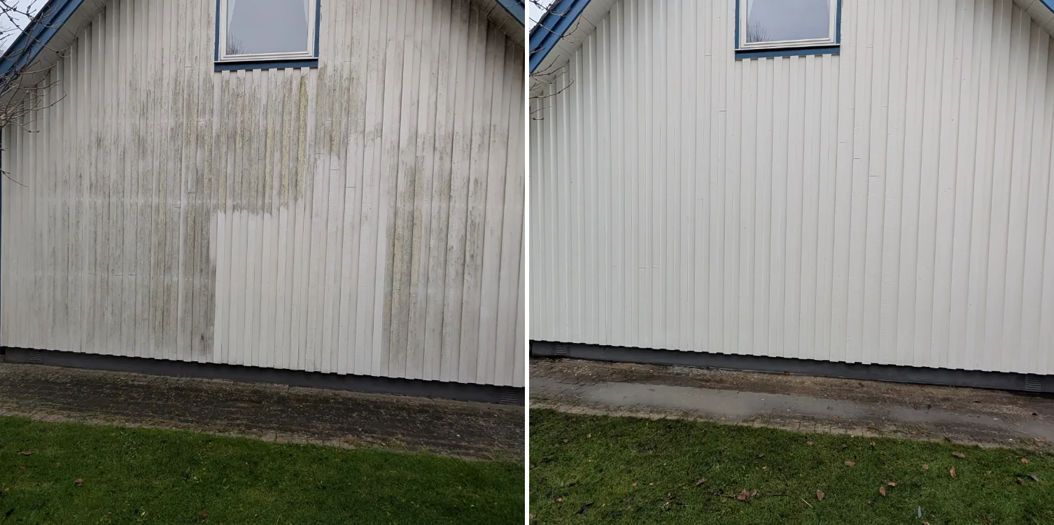 Fasad före och efter fasadtvätt av UNIWASH